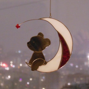 Bear on Moon with Butterfly . Swarovski Сrystal .  Original Stained glass window hanging Suncacher
