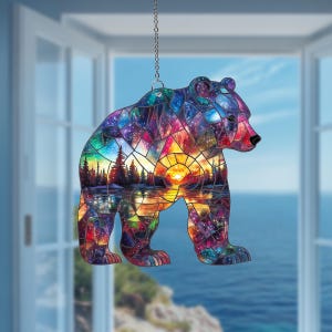 Bear Acrylic Suncatcher, Mountain Wilderness Art for Windows and Walls, Mama Bear Gift, Flat 2D Suncatcher, Woodland Suncatcher