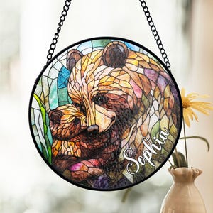 Personalized Bear Stained Glass Suncatcher, Custom Name Window Decor, Mother and Baby Bear Art, Nature Theme, Glass Panel, Mother's Day Gift
