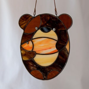 Bear Glass Suncatcher Window, Stained Glass Nursery Decor Woodland, Bear and Fish Hanging Suncatcher, Perfect Gift for dad