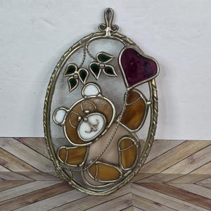 Hand Crafted Leaded Brass Stained Glass Teddy Bear With Red Heart Vintage READ
