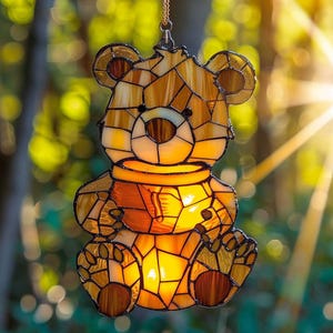 Bear with Honey Pot Acrylic Suncatcher Faux Stained ACRYLIC Window Hanging, Cute Animal Decor or Baby Room Gift for Kids or Nature Lovers