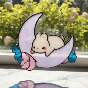 Cute Rabbit Moon Resin Suncatcher, Kawaii Bunny Window Hanging, Nursery Room Decor, Celestial Aesthetic Gift For Her