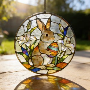 Handmade Easter Bunny Stained Glass Suncatcher, Bunny with Egg Window Hanging, Spring Home Decor, Unique Holiday Gift for Her