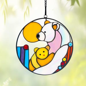 Real Stained Glass Bear Suncatcher, Polar Bear with Teddy Window Hanging, Cute Animal Decor, Nursery Ornament, Gift for Mom