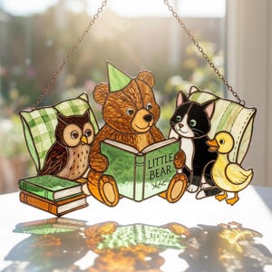 Little Bear Reading Resin Window Hanging, Woodland Creature Panel, Rustic Country Home Decor
