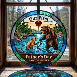 Personalized First Father's Day Fishing Bear Suncatcher, Custom Name Stained Glass Window Art, New Dad Keepsake Gift