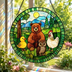 Little Bear Suncatcher Acrylic Window Hanging, Cute Animal Friends Nursery Decor, Stained Glass Style Bear Duck Owl Hen, Kids Room Gift Idea